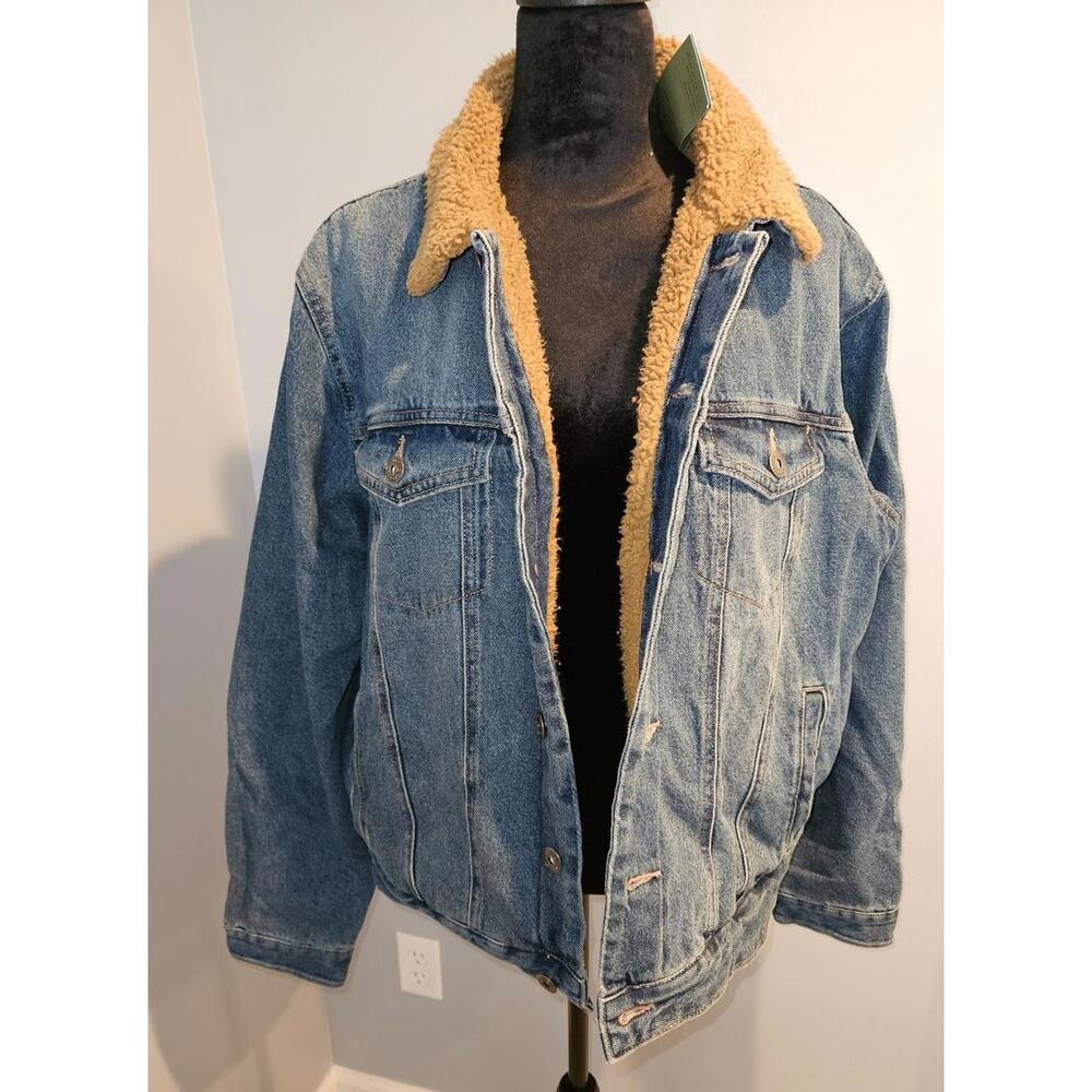 Goodfellow & Co Men Large Denim Sherpa Lined Trucker Jacket Blue Cotton Recycled